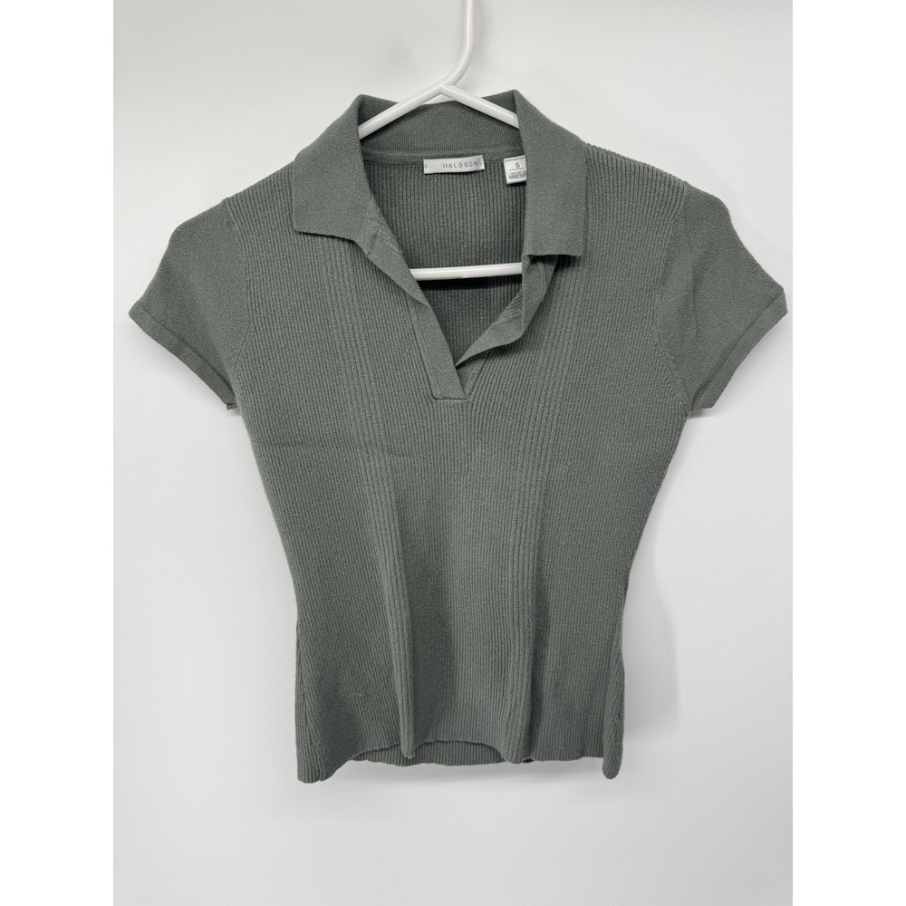 Halogen Sweater Womens Small Green Collared Short Sleeve Ribbed Stretch Knit Top
